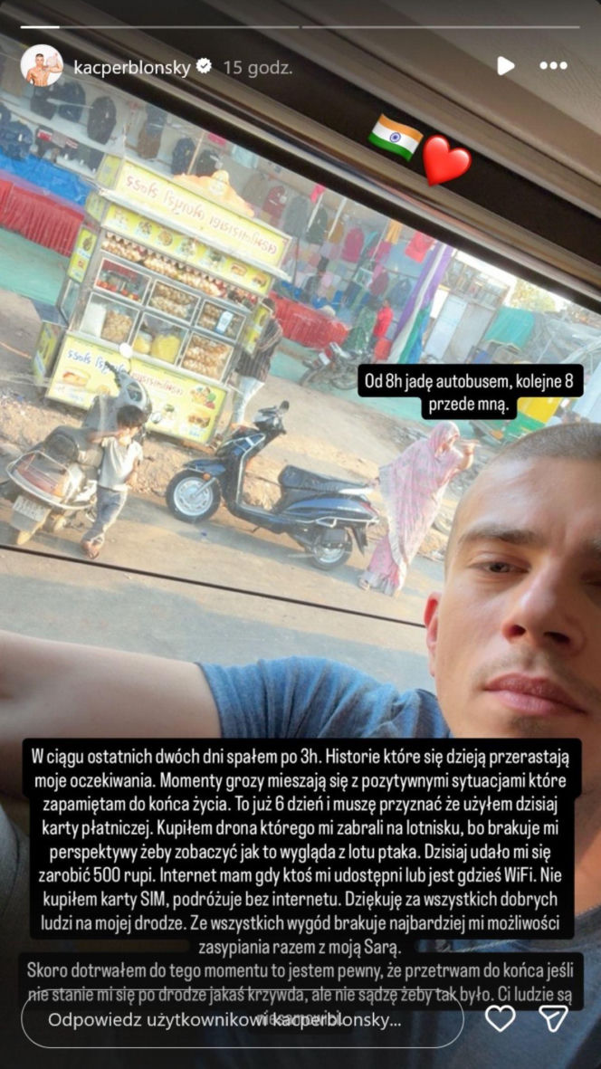 Kacper Błoński przeżył w Indiach chwile grozy. Jest dobrej myśli i uspokaja fanów