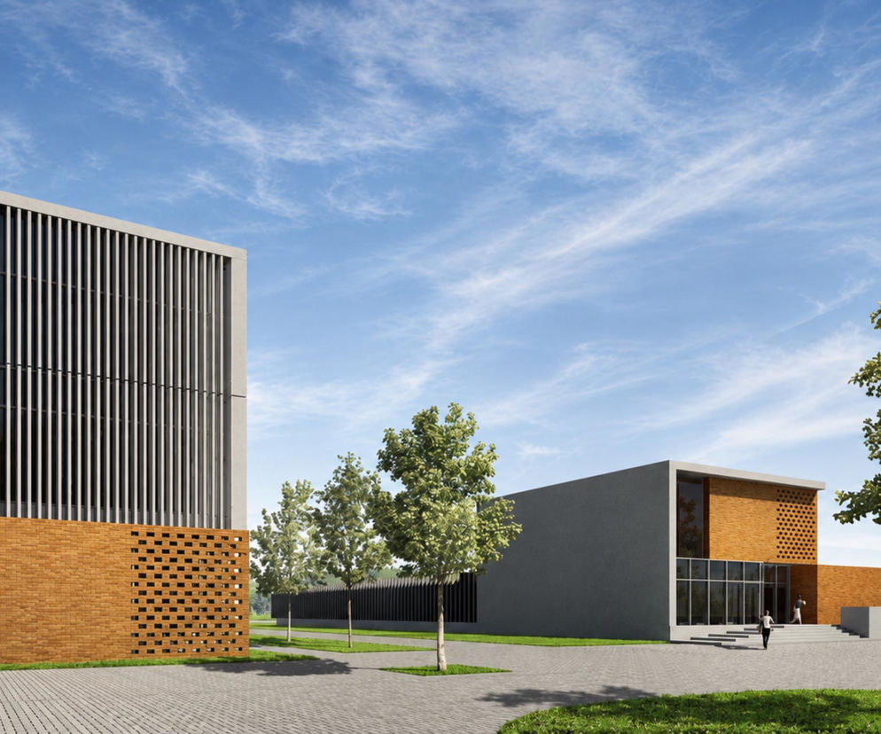 Wizualizacja nowoczesnego Archiwum UAM z cegły klinkierowej i betonu. O szczegółach inwestycji przeczytasz na Architektura.