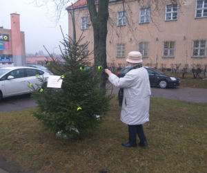 Wyjątkowa choinka pod posterunkiem policji w Mrągowie. Zamiast bombek są odblaski