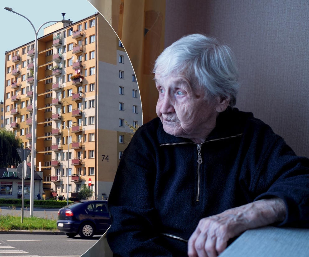 Starsza kobieta w czarnym swetrze, z widocznymi zmarszczkami, patrzy w dal, symbolicznym gestem odzwierciedlając dylemat seniorów oddających mieszkania za opiekę, o czym czytać można na Super Biznes. W tle bloki mieszkalne na typowym osiedlu.