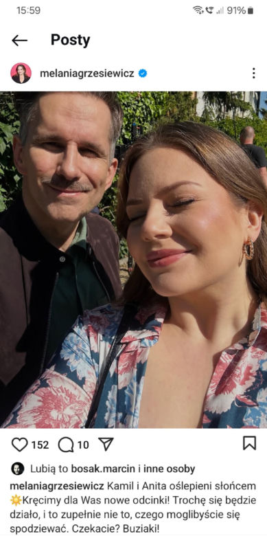 M jak miłość nowy sezon po wakacjach. Anita (Melania Grzesiewicz), Kamil (Marcin Bosak) na planie