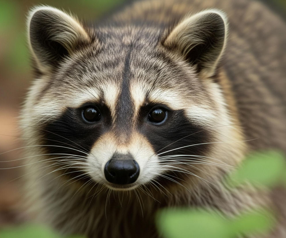 Bliski plan twarzy szopa, patrzącego bezpośrednio w obiektyw. Jego futro jest mieszanką szarości, czerni, bieli i beżu, z charakterystyczną czarną maską wokół oczu i białymi akcentami na policzkach oraz nad oczami. Nos jest czarny i lśniący, a długie, białe wąsy promieniście rozchodzą się na boki. Uszy są zaokrąglone i pokryte futrem w jasnym odcieniu beżu z ciemniejszymi wnętrzami. Tło jest rozmyte, dominują odcienie zieleni i brązu, z kilkoma niewyraźnymi zielonymi liśćmi na pierwszym planie po prawej stronie.