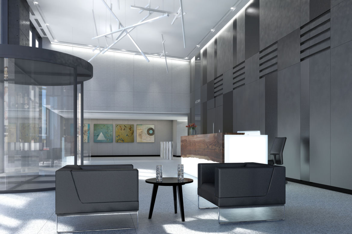 ASTORIA Premium Offices – nowa inwestycja biurowa w centrum Warszawy. Wizualizacja przestrzeni reprezentacyjnej biurowca