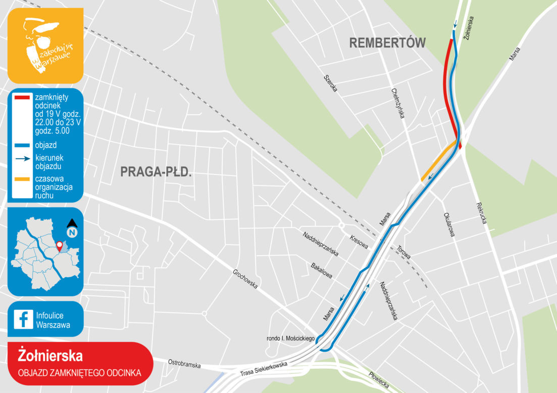 Warszawa: utrudnienia w ruchu na Żołnierskiej i Marsa od 19.05
