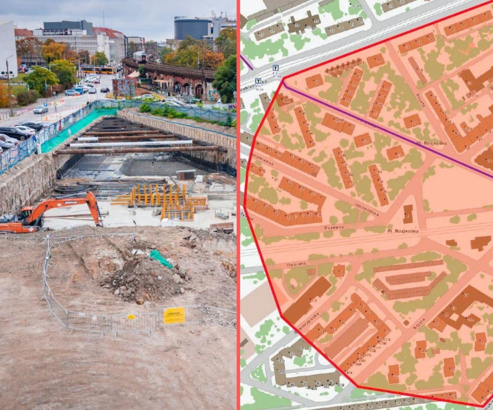 Plac budowy we Wrocławiu przy ul. Kolejowej. Obok mapa ze strefą ewakuacji, o której przeczytasz na SE Wrocław.