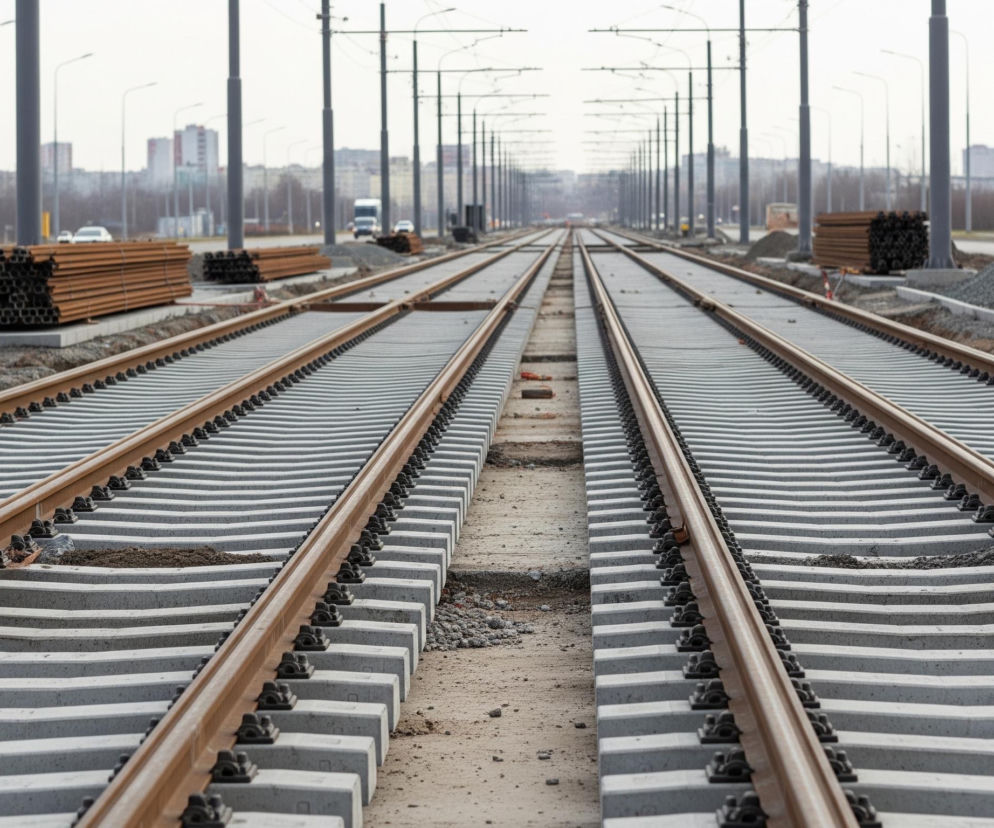 Dwa równoległe tory tramwajowe, świeżo ułożone, dominują centrum obrazu, zbiegając się w oddali pod pochmurnym, jasnoszarym niebem. Tory składają się z jasnobrązowych szyn osadzonych na rzędach szarych betonowych podkładów, przymocowanych czarnymi mocowaniami. Po obu stronach torów leżą stosy brązowych rur i szyn, a także kupki żwiru i ziemi. W tle widoczne są szare słupy trakcji i latarni ulicznych, a za nimi szereg budynków mieszkalnych o jasnych elewacjach, które zlewają się z szarym horyzontem.