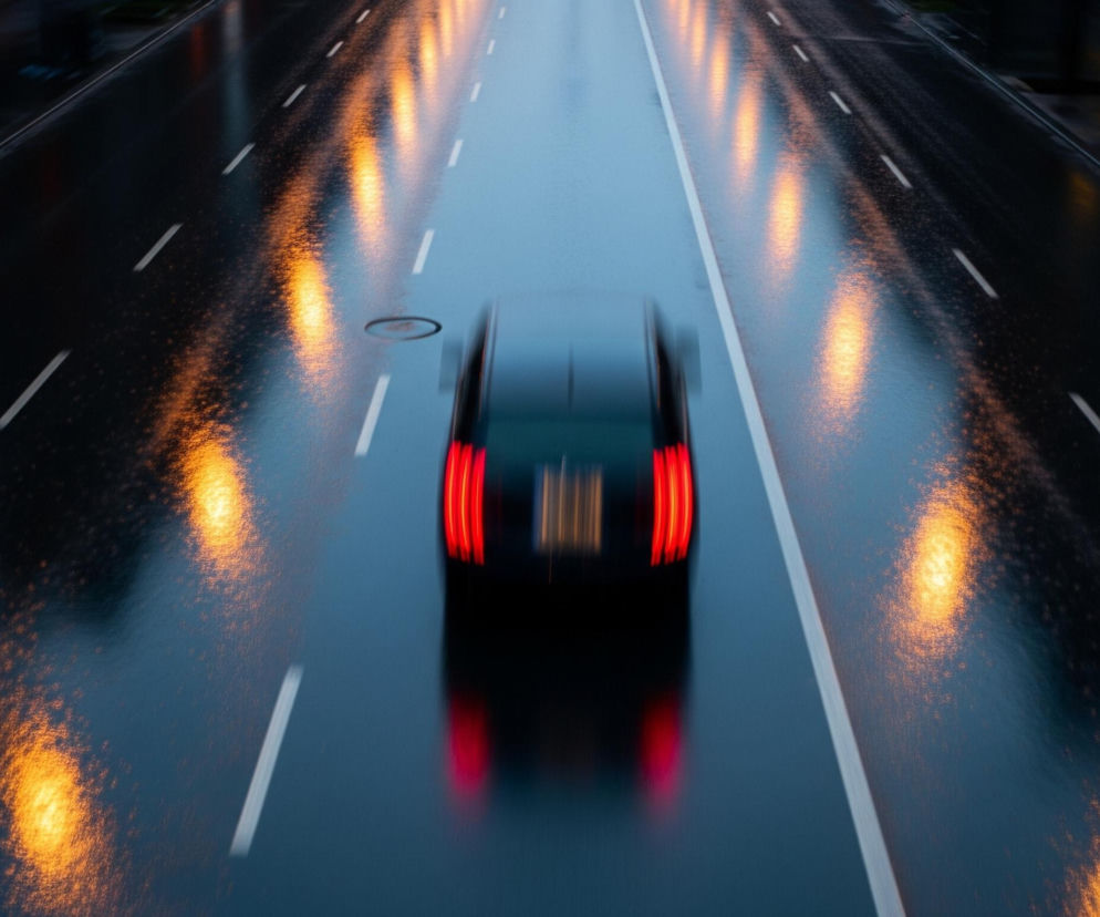 Czarny samochód z wyraźnymi czerwonymi światłami tylnymi pędzi po mokrej, ciemnej ulicy. Białe, przerywane linie wyznaczają pasy ruchu, a odległe, pomarańczowe światła odbijają się od błyszczącej powierzchni jezdni. Obraz ukazuje dynamiczną scenę z efektem rozmycia ruchu, tworząc wrażenie szybkości i poruszania się nocą lub o zmierzchu.