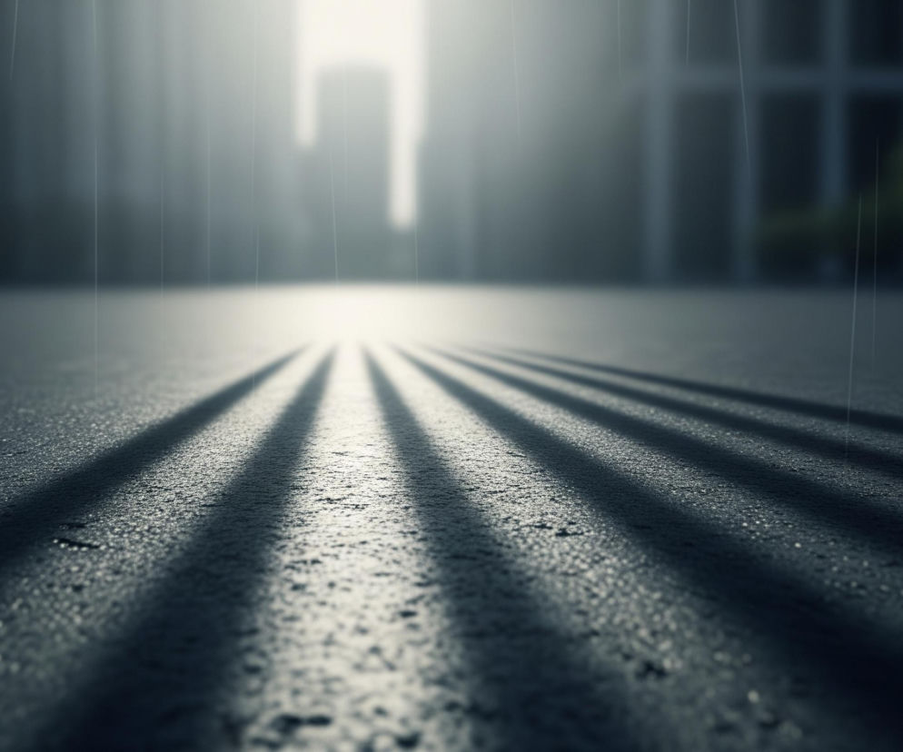 Ciemny, porowaty asfalt pokryty jest drobnymi kroplami wody, z licznymi równoległymi cieniami biegnącymi od centrum kadru ku prawej krawędzi. W tle widoczna jest rozmyta panorama miasta z niewyraźnymi zarysami wieżowców, nad którymi wznosi się jasne światło, przypominające słońce lub latarnię miejską. Pionowe smugi, imitujące padający deszcz, przecinają całą kompozycję.
