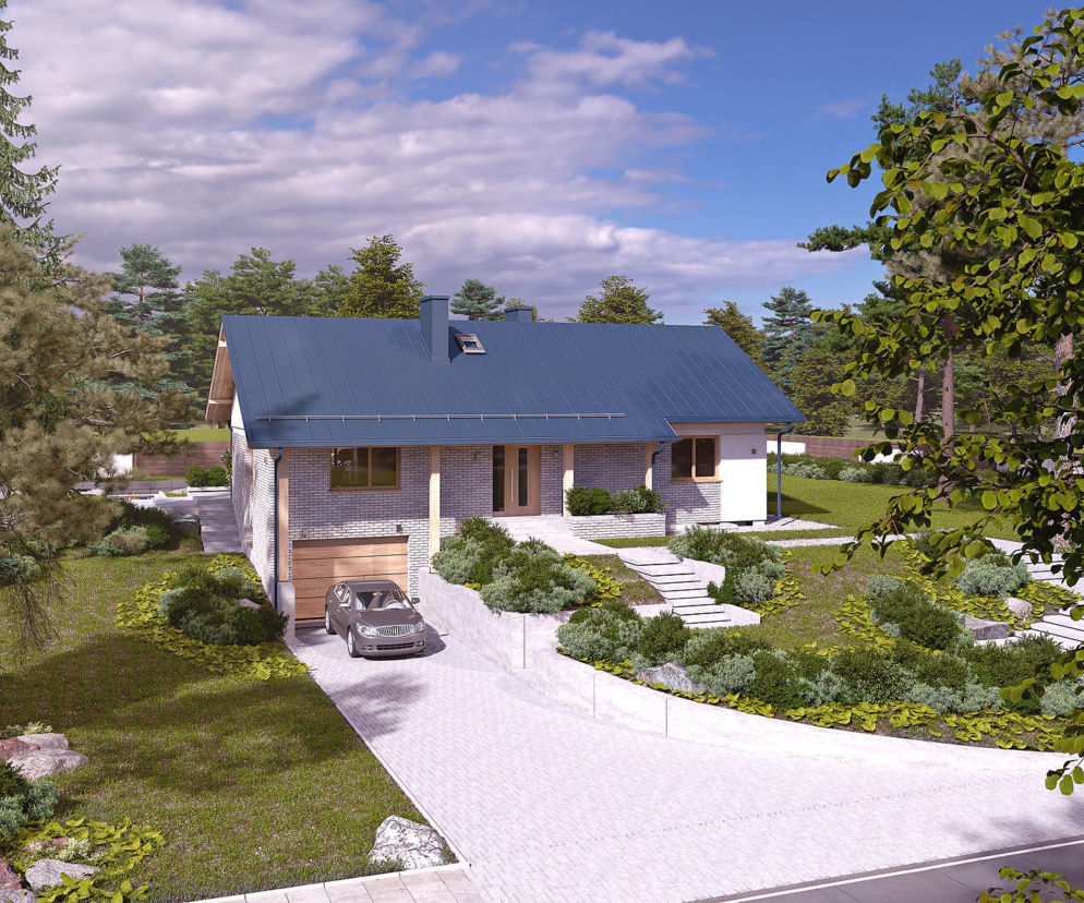 Projekt domu parterowego z podziemnym garażem i niebieskim dachem. O zaletach parterówek czytaj na Muratordom.