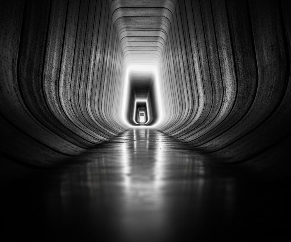 Długi, monochromatyczny korytarz rozciąga się w głąb obrazu, zbiegając się w odległym, jasno oświetlonym prostokątnym otworze, który jest otoczony przez coraz mniejsze, identyczne otwory, tworząc efekt perspektywy. Ściany i sufit korytarza składają się z równoległych, zaokrąglonych, pionowych paneli o teksturowanej powierzchni, przyciemnionych na krawędziach i rozjaśnionych w centrum, gdzie światło odbija się od paneli. Gładka, lśniąca podłoga odbija światło z końca korytarza, tworząc świetliste smugi, które zanikają w mroku bliżej obserwatora. Cała scena utrzymana jest w odcieniach czerni, bieli i szarości.