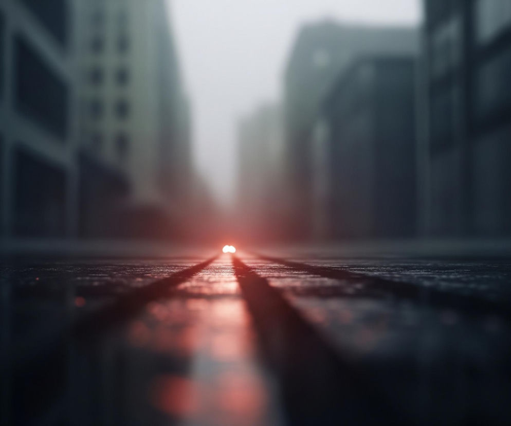 Na obrazie widoczna jest mokra nawierzchnia ulicy, prawdopodobnie po deszczu, odbijająca światło. W oddali, pośrodku kadru, jaśnieje para intensywnych, pomarańczowo-czerwonych świateł, które rzucają długie smugi refleksów na podłoże. Po obu stronach drogi wznoszą się niewyraźne, rozmyte kształty budynków miejskich, zanikające w szarej mgle lub zmierzchu. Całość utrzymana jest w ciemnych, chłodnych tonacjach szarości, błękitu i czerni, z dominantą ciepłego, pomarańczowego blasku świateł.