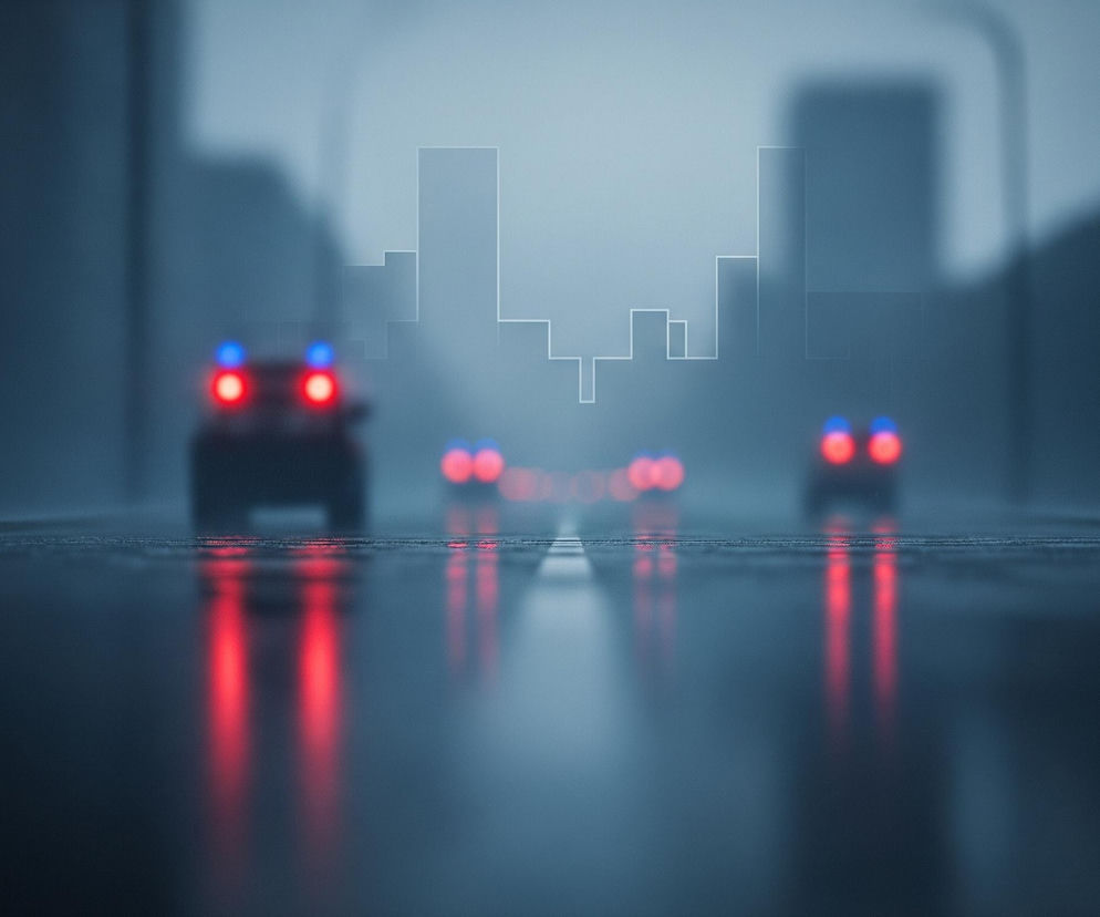 Na obrazie widoczna jest mokra droga, biegnąca prosto, z trzema samochodami jadącymi w kierunku obserwatora. Samochody po lewej i prawej stronie mają zapalone czerwone i niebieskie światła awaryjne, natomiast samochód pośrodku ma tylko czerwone światła. Wszystkie światła odbijają się intensywnie w wilgotnej nawierzchni, tworząc podłużne smugi. W tle, rozmyte i niewyraźne, widać zarysy miejskich budynków i fragmenty ulicznego oświetlenia. Całość utrzymana jest w chłodnej tonacji szarości i błękitów, z wyraźnymi akcentami czerwieni i błękitu świateł.