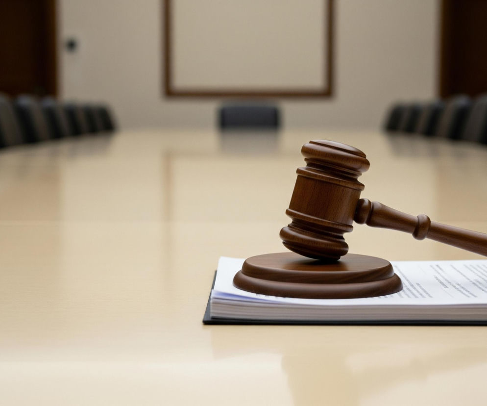 Na pierwszym planie, po prawej stronie, leży drewniany młotek sędziego na otwartym notesie z tekstem. Młotek ma ciemnobrązowy kolor z wyraźnymi słojami drewna, a jego główka i podstawa są okrągłe i karbowane. Notes ma czarną okładkę i białe kartki, na których widać czarny tekst. Całość spoczywa na jasnym, beżowym blacie, który zajmuje większość kadru, rozciągając się od prawego dolnego rogu w stronę środka obrazu. W tle, rozmyte, widoczne są czarne oparcia krzeseł ustawione wokół długiego stołu oraz ściana z brązową ramą obrazu lub tablicy.