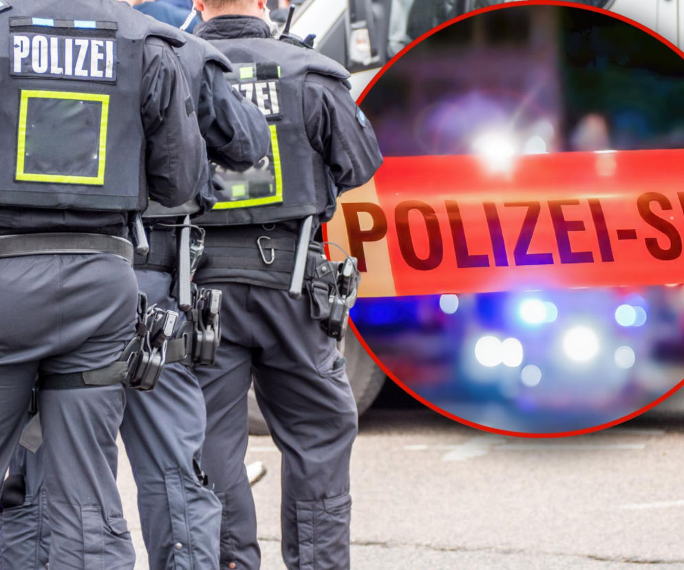 Niemieccy komandosi z jednostek specjalnych SEK i celnicy podczas akcji w luksusowej willi, w tle czerwona taśma z napisem „POLIZEI-SPE” i światła pojazdów służbowych. Więcej o międzynarodowym oszustwie paliwowym przeczytasz na naszym portalu.