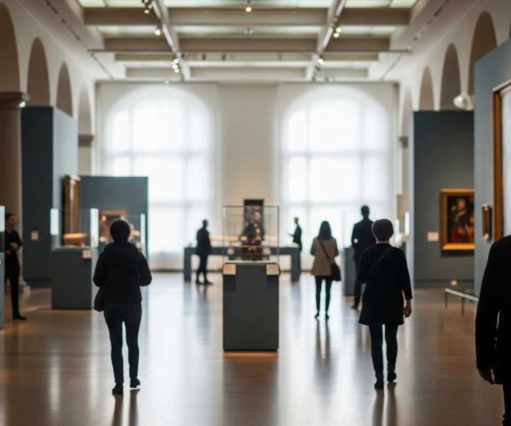 Przestronne, jasne wnętrze galerii sztuki lub muzeum z wysokimi, kremowymi ścianami i brązową, drewnianą podłogą. Wzdłuż ścian stoją szare, prostokątne panele wystawowe, na których zawieszone są oprawione obrazy, głównie w ciemnych kolorach i złotych ramach. Przez środek pomieszczenia rozciąga się długa, szeroka perspektywa, a po obu stronach stoją przeszklone gabloty na szarych cokołach, prezentujące mniejsze eksponaty. Wiele osób, widocznych głównie od tyłu i w większości rozmazanych, spaceruje po wnętrzu, podziwiając wystawę. Jasne, łukowate okna w głębi pomieszczenia wpuszczają do środka naturalne światło, dodatkowo doświetlone przez reflektory zamontowane na suficie.