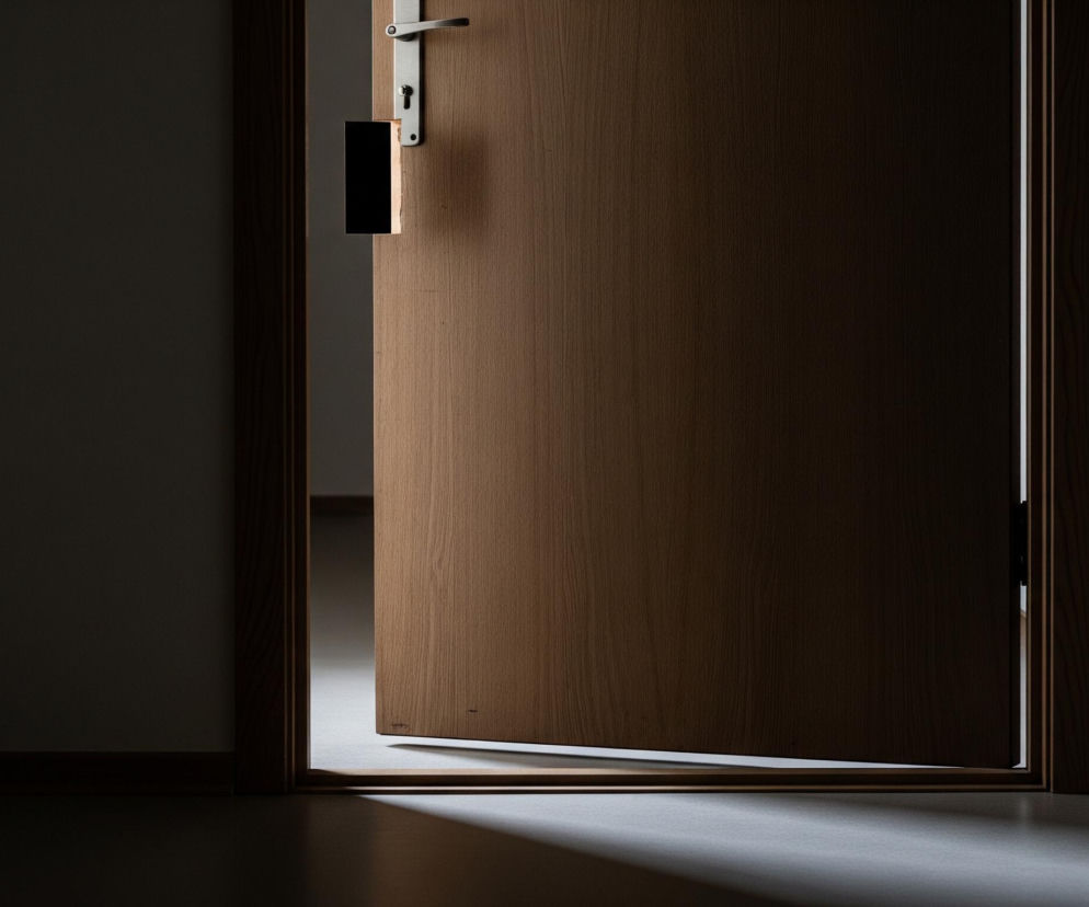 Na zdjęciu widoczne są otwarte, drewniane drzwi w odcieniach brązu, lekko uchylone w kierunku widza, ukazujące wnętrze pomieszczenia. Na skrzydle drzwi zamontowana jest srebrna klamka i zamek, a tuż obok wisi prostokątny, czarny element z jasnym, drewnianym obramowaniem. Wąski pas światła wpada do ciemnego pomieszczenia, tworząc ukośny cień na podłodze, która jest jaśniejsza w miejscu oświetlenia. Ciemne ściany z drewnianymi listwami przypodłogowymi otaczają scenę.