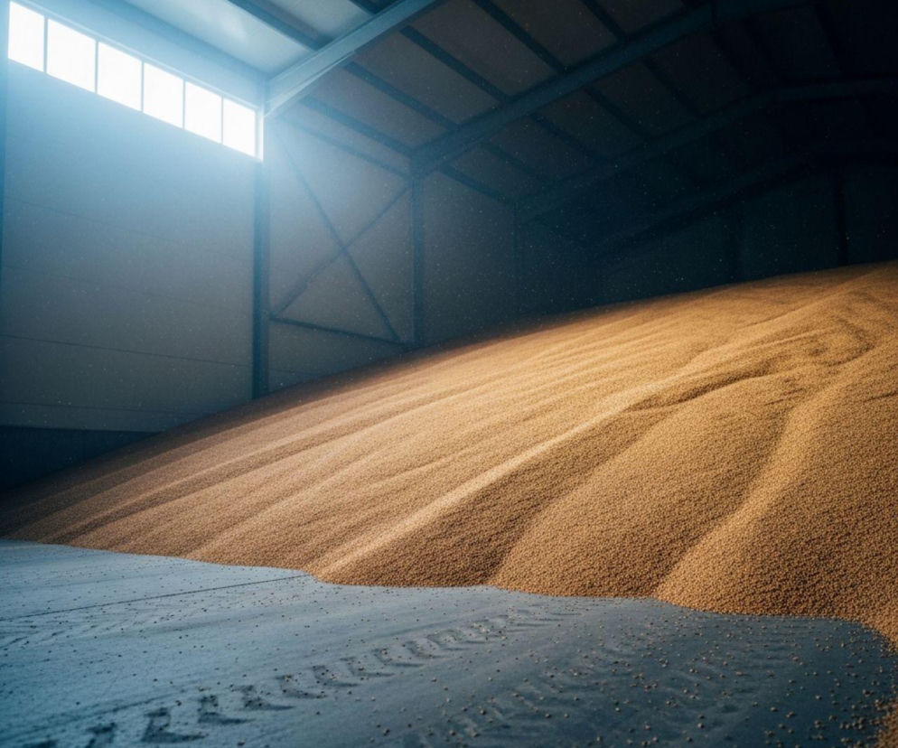 Magazyn zboża z dużą pryzmą ziarna, na którą padają promienie światła z okien u góry. Podłoże magazynu jest ciemne z widocznymi śladami opon. Artykuł na Super Biznes opisuje, jak przechowywać zboże, aby nie stracić na nim zimą.