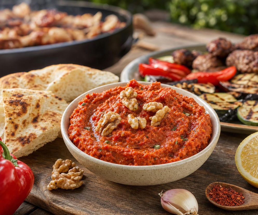 Czerwona pasta muhammara z orzechami obok grillowanych dań. Przepis na ten dodatek znajdziesz na PoradyPlus.