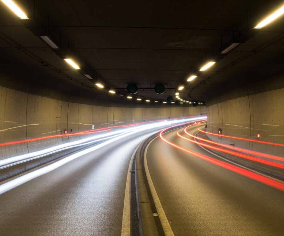 Wnętrze ciemnego, betonowego tunelu, którego ściany i sufit oświetlone są rzędami podłużnych, ciepłych żółtych lamp. Na asfaltowej nawierzchni tunelu widać smugi świateł, powstałe w wyniku długiej ekspozycji: po lewej stronie biegną proste, białe linie, a po prawej wijące się, czerwone linie. Tunel zakręca w prawo, a jego ściany są wyraźnie podzielone na segmenty.