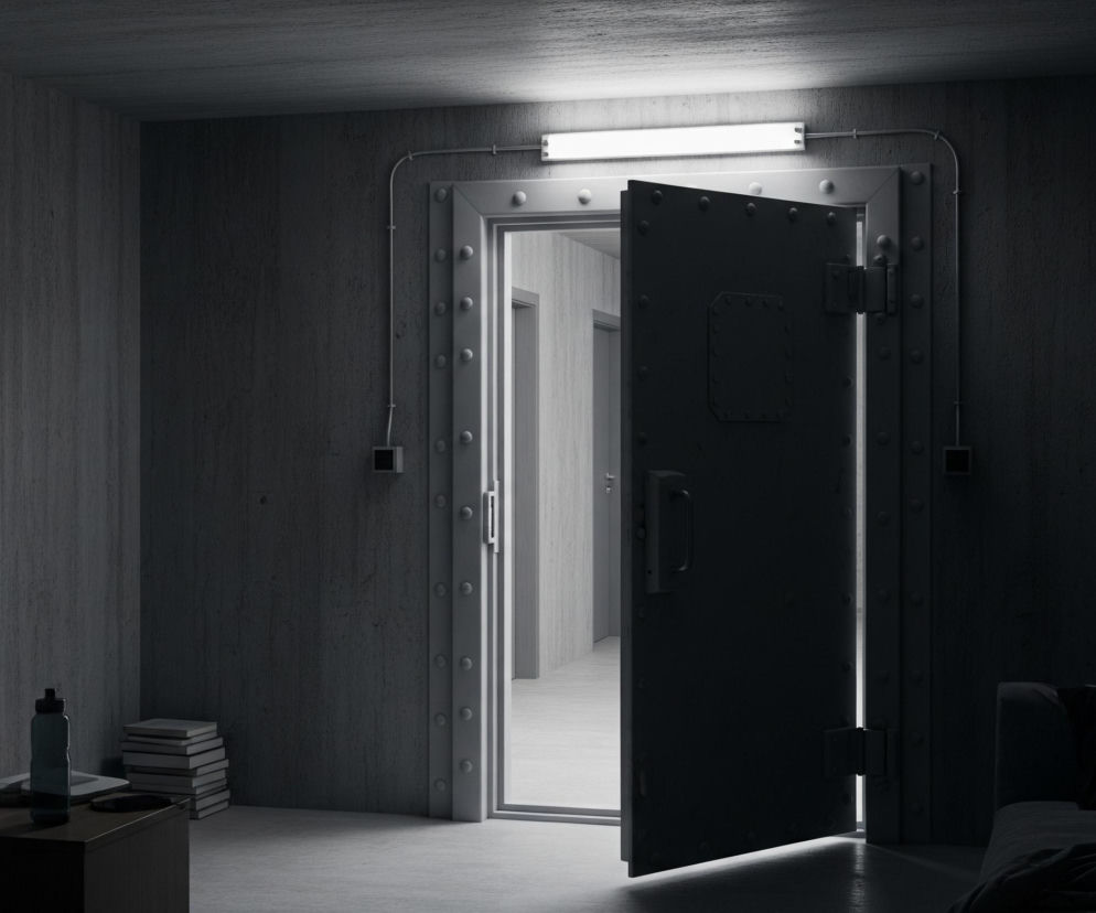 Wnętrze pomieszczenia z drzwiami przypominającymi te od skarbca lub bunkra, widocznymi na środku. Drzwi te są uchylone, ukazując jasne, długie, puste przejście z kilkoma kolejnymi drzwiami w oddali. Pomieszczenie, z którego się wychodzi, ma betonowe ściany i sufit o szarej, chropowatej teksturze. Nad drzwiami na suficie wisi podłużna, jarzeniowa lampa, rzucająca intensywne, białe światło na wejście i częściowo na wnętrze pomieszczenia. Po lewej stronie znajdują się dwie niskie komody lub szafki, na których leżą stosy ciemnych książek, butelki z wodą i kubek; obok widoczny jest fragment szarego fotela. Prawa strona kadru jest ciemniejsza, widoczny jest tam fragment mebla, prawdopodobnie sofy lub łóżka, przykrytego ciemnym kocem.