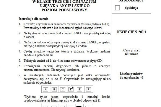 Egzamin gimnazjalny z języka angielskiego poziom podstawowy