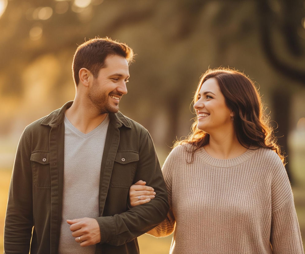 Dwie osoby idą objęte w plenerze podczas zachodu słońca. Mężczyzna po lewej ma ciemne włosy i brodę, ubrany jest w oliwkową koszulę i szarą koszulkę, uśmiecha się i patrzy na kobietę. Kobieta po prawej ma długie, falowane, brązowe włosy i beżowy, dzianinowy sweter, uśmiecha się i patrzy w stronę mężczyzny, trzymając jego ramię. Tło rozmyte, z ciepłymi, złotymi tonami zachodzącego słońca, tworzącymi efekt bokeh.