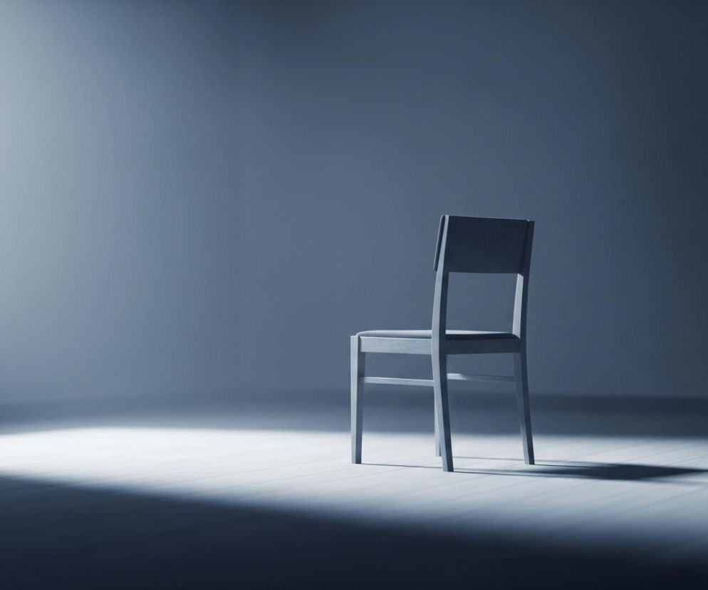 W centrum ciemnego pomieszczenia, skierowane tyłem do widza, stoi drewniane krzesło o prostej konstrukcji. Na podłogę z lewej strony, w dolnej części obrazu, pada jasna, prostokątna smuga światła, oświetlająca również część krzesła, tworząc wyraźny cień. Światło to pochodzi z niewyraźnego okna widocznego w lewym górnym rogu, podzielonego na cztery prostokątne szyby przez jasne ramy. Całe pomieszczenie utrzymane jest w monochromatycznej, chłodnej tonacji szarości z odcieniami błękitu, z wyraźnym kontrastem między jasnym obszarem światła a ciemniejszymi ścianami i podłogą.
