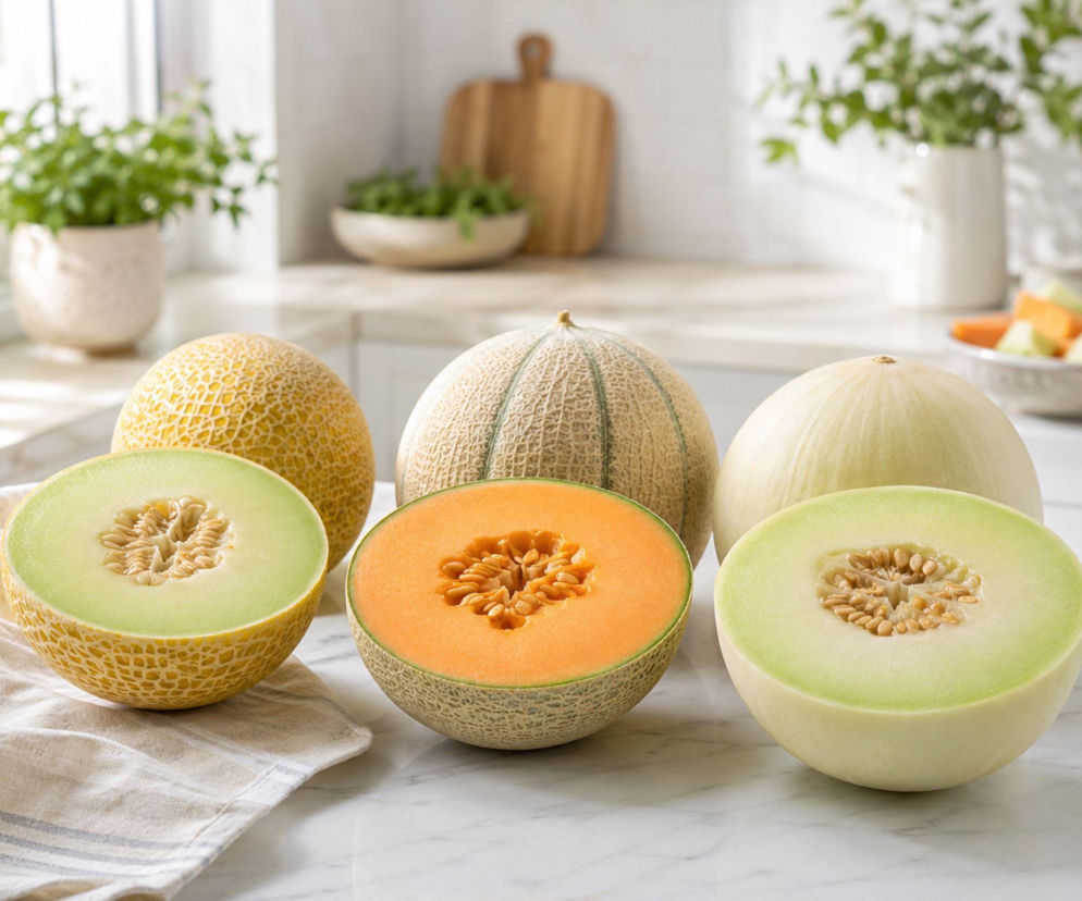Różne odmiany melonów w całości i przekrojone na pół na jasnym blacie. O wyborze słodkich owoców przeczytasz na Beszamel.