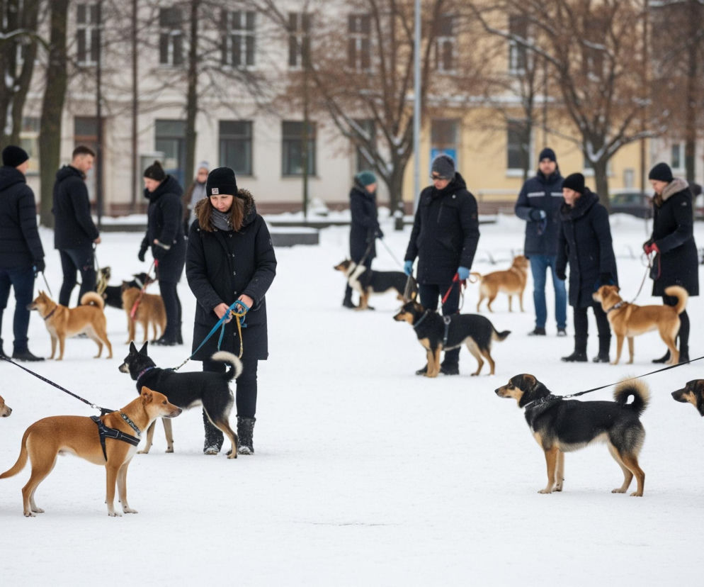 Na rozległym, zaśnieżonym placu znajduje się grupa osób ubranych w zimowe kurtki i czapki, spacerujących z psami na smyczach. Większość psów to średniej wielkości kundelki o różnym umaszczeniu, dominują odcienie brązu, czerni i beżu, niektóre mają na sobie szelki lub obroże w żywych kolorach. W tle widoczne są nagie drzewa oraz fragmenty jasnych budynków z oknami, co sugeruje miejski krajobraz zimą.