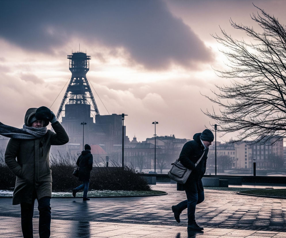 Na pierwszym planie, z lewej strony, stoi postać w ciemnozielonej kurtce, szaliku i czapce, trzymając ręce w kieszeniach, a szalik powiewa na wietrze. Przed nią widoczny jest chodnik wyłożony jasnymi płytami, lekko wilgotny, odbijający światło. W centrum zdjęcia, w tle, dominuje wysoka, industrialna konstrukcja, prawdopodobnie wieża kopalniana, otoczona budynkami i kominem po lewej stronie. Po prawej stronie kadru, nagie drzewo o rozłożystych, ciemnych gałęziach zamyka kompozycję.

Między głównymi postaciami, w oddali, przemierza drogę kolejna osoba w ciemnej odzieży. Po prawej stronie, w połowie kadru, widoczny jest mężczyzna w ciemnej kurtce, czapce i z torbą przewieszoną przez ramię, schylony pod wpływem wiatru, idący w prawo. Niebo jest pochmurne, z jaśniejszym obszarem w centrum, co nadaje scenie surowy, chłodny nastrój.
