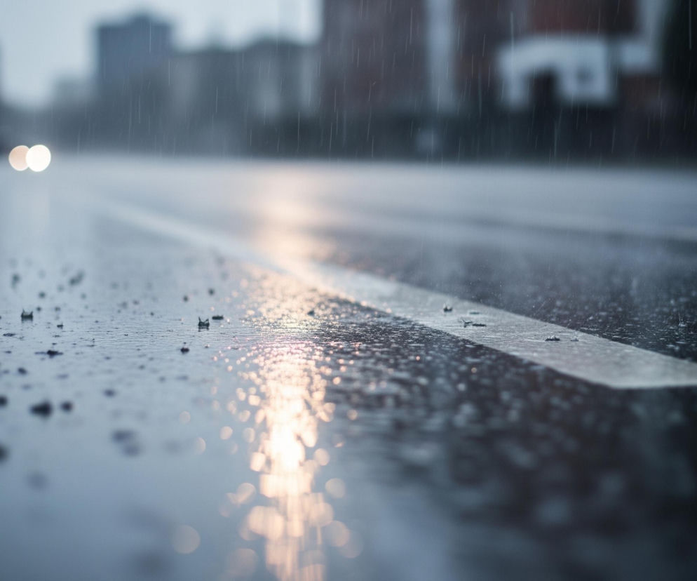 Mokra, czarna asfaltowa droga biegnie ukośnie w prawo od lewej dolnej części zdjęcia, oświetlona odbiciami świateł. Deszczowe krople uderzają w jej powierzchnię, tworząc drobne, rozbryzgujące się punkty, szczególnie widoczne w lewym dolnym rogu. Pośrodku drogi, równolegle do krawędzi obrazu, biegnie szeroka, biała linia rozdzielająca pasy ruchu, która również odbija światło. W oddali, w centrum kadru, widać dwa rozmyte, jasne światła samochodowe, a za nimi, w tle, rozmyte kontury budynków i drzew. Cała scena utrzymana jest w chłodnych, szaro-niebieskich barwach.