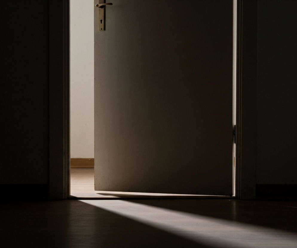 Otworzone drzwi ukazują jasne pomieszczenie po drugiej stronie, kontrastując z ciemnym wnętrzem, z którego obserwujemy scenę. Drewniana, brązowa klamka jest widoczna na drzwiach. Na podłodze widoczny jest długi, ukośny snop światła padający zza drzwi, tworząc wyraźny trójkątny kształt na ciemnej powierzchni. Na ścianie w jasnym pomieszczeniu u dołu widać wąską, drewnianą listwę przypodłogową.