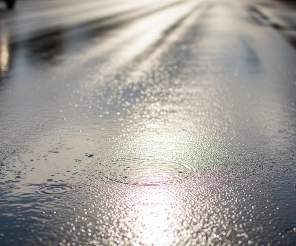 Mokry asfalt ulicy rozciąga się w perspektywie, ukazując liczne krople wody i odbicia światła. Słońce, znajdujące się w tle, tworzy jasne, rozmyte refleksy na powierzchni drogi, które rozchodzą się od górnej części kadru ku dołowi, tworząc jasną, połyskliwą linię. W centralnej części obrazu widoczne są kręgi na wodzie, świadczące o uderzeniu kropli deszczu, a w prawym dolnym rogu unoszą się liczne drobne bąbelki powietrza. W górnym lewym rogu kadru, ledwo widoczne są zarysy samochodu.