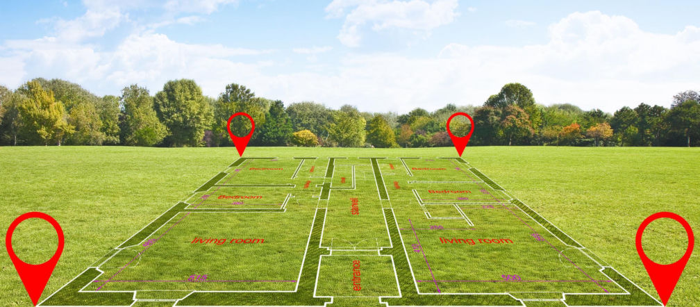 Wizualizacja działki z naniesionym zarysem budynków