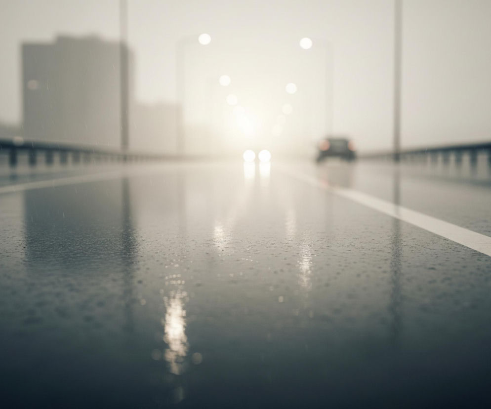 Mokra, ciemnoszara nawierzchnia drogi z widoczną białą linią ciągłą po prawej stronie, zajmuje dużą część kadru. Na jej powierzchni widoczne są liczne krople wody oraz odbicia jasnych świateł z przodu. W oddali, na rozmytym tle, znajdują się niewyraźne sylwetki budynków, a po obu stronach drogi widać bariery ochronne z rzędami pionowych elementów. Przed nami widoczny jest samochód, oddalający się, z włączonymi tylnymi światłami.