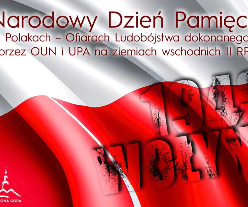 Biało-czerwona flaga z napisem 1943 Wołyń. O obchodach Narodowego Dnia Pamięci w Zielonej Górze przeczytasz na Radioplus.