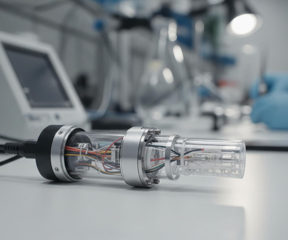 Na białym blacie laboratoryjnym leży podłużne, cylindryczne urządzenie, częściowo przezroczyste. Jest ono zbudowane z czarnej i srebrnej obudowy połączonej ze sobą śrubami, która otacza przezroczysty cylinder, w którym widoczne są kolorowe przewody elektryczne w odcieniach czerwieni, żółci, pomarańczy, bieli, czerni i zieleni. Z jednej strony urządzenia wychodzi czarny kabel zasilający. W tle widać niewyraźne zarysy aparatury laboratoryjnej, w tym biały sprzęt z ciemnym ekranem po lewej, a także fragment osoby w białym fartuchu i niebieskich rękawiczkach, pracującej pod jasną lampą.