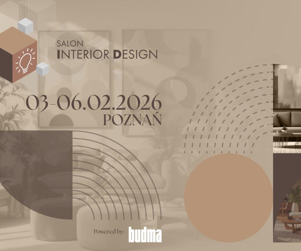 Grafika reklamowa Salonu Interior Design BUDMA 2026 w Poznaniu, przedstawiająca nowoczesne wnętrza salonów. Centralnie umieszczono datę 03-06.02.2026 i logo MTP Grupa. Architektura Murator Plus to idealne źródło informacji o tym wydarzeniu.