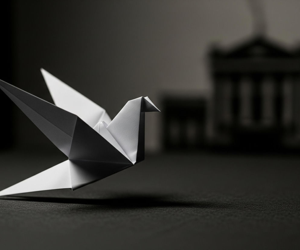 Na pierwszym planie, z lewej strony, stoi papierowy żuraw origami w kolorze białym, z wyraźnie zaznaczonymi fałdami tworzącymi skrzydła, tułów i głowę. Światło pada na niego z lewej strony, podkreślając cienie i geometryczne kształty. Żuraw leży na ciemnoszarym, lekko teksturowanym podłożu, które rozciąga się w głąb obrazu. W tle, rozmyte i niewyraźne, widoczny jest ciemny kontur budynku z kolumnami, co sugeruje architekturę klasyczną. Cała scena utrzymana jest w stonowanych odcieniach szarości i czerni.