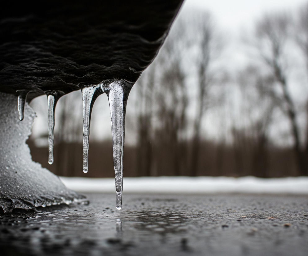 Zacieniony, chropowaty, czarny spód obiektu, prawdopodobnie krawędź pojazdu, jest widoczny w górnej części kadru, pokryty krystalicznym lodem. Z jego krawędzi zwisa pięć smukłych, przezroczystych sopli, z których jeden, znajdujący się w centrum, ma na samym końcu formującą się kroplę wody, która odbija się w kałuży na mokrej, ciemnej powierzchni podłoża. Po lewej stronie, pod spodem obiektu, znajduje się gruba warstwa białego śniegu, częściowo stopionego. W tle, na horyzoncie, rozciąga się pasmo rozmytym drzew o gołych gałęziach, a za nimi widać jasne, zachmurzone niebo.