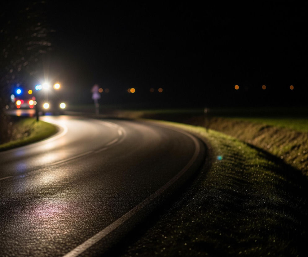 Asfaltowa droga wijąca się łagodnie w prawo, oświetlona światłami reflektorów, dominuje środek kadru. Po lewej stronie, w oddali, widać samochód z włączonymi, jasnymi reflektorami i niebieskimi, pulsującymi światłami na dachu. Prawe pobocze drogi pokrywa trawa, częściowo rozświetlona, na której widoczne są drobne kropelki wody.