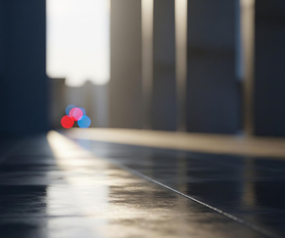 Błyszcząca, ciemnoszara posadzka z wyraźnymi łączeniami w postaci białych linii, odbija światło w centralnej części obrazu, rozciągając się od dołu do połowy kadru. Nad posadzką, pośrodku, widnieją trzy rozmyte, okrągłe punkty światła w kolorach czerwonym i niebieskim. Tło stanowią pionowe, rozmyte kształty w odcieniach szarości i bieli, przypominające budynki lub kolumny, z jaśniejszym obszarem w centrum górnej części obrazu.