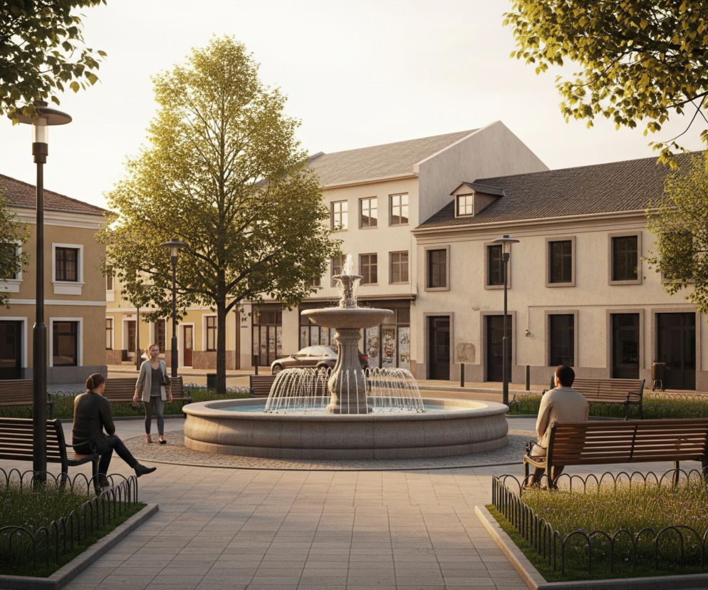 Centralnie na placu znajduje się kamienna, dwupoziomowa fontanna z tryskającą wodą. Wokół fontanny rozciąga się wybrukowany plac z licznymi brązowymi ławkami i trawnikami obsadzonymi drobnymi, fioletowymi kwiatami, otoczonymi niskim, kutym ogrodzeniem. Na placu widać kilku ludzi: mężczyznę siedzącego na ławce z lewej, kobietę rozmawiającą z innym mężczyzną stojącym obok fontanny, kolejnego mężczyznę siedzącego na ławce po prawej oraz kobietę idącą prawą stroną placu. W tle, otaczając plac, wznoszą się budynki o jasnych elewacjach i ciemnych dachach, a po obu stronach placu rosną wysokie, zielone drzewa, których liście są podświetlone ciepłym, żółtym światłem.