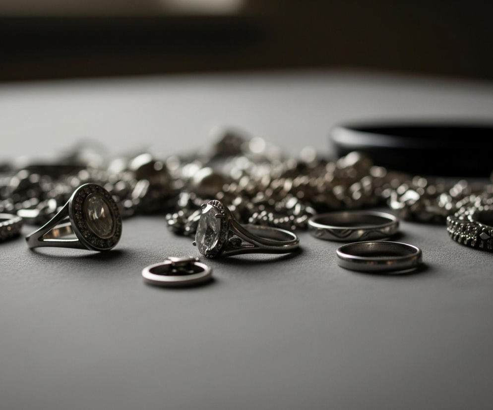 Na pierwszym planie, w centrum, leżą trzy srebrne pierścionki: dwa z dużymi, owalnymi kamieniami otoczonymi mniejszymi, lśniącymi oczkami, a pomiędzy nimi jeden mały, prosty pierścionek. Wokół nich rozsypane są inne srebrne, błyszczące elementy biżuterii, prawdopodobnie łańcuszki i obrączki, tworząc nieostrą mozaikę. Tło jest ciemne i rozmyte, co dodatkowo akcentuje ostrość i blask biżuterii.