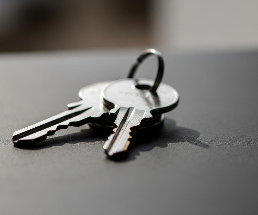 Na ciemnoszarej, ziarnistej powierzchni leżą dwa metalowe klucze połączone okrągłym kółkiem. Klucze są w kolorach srebrnym i ciemnoszarym, z widocznymi ząbkami i wyżłobieniami. Na powierzchni widoczne są cienie rzucane przez klucze, a tło jest rozmyte, przechodząc od ciemnego brązu do jasnego beżu.