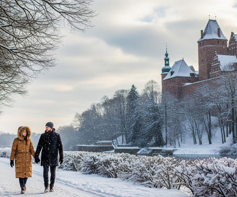 Para w zimowych ubraniach idzie po zaśnieżonej ścieżce, trzymając się za ręce. Kobieta ubrana jest w brązową puchową kurtkę z futrzanym kapturem, mężczyzna ma na sobie czarny płaszcz i ciemną czapkę. Na pierwszym planie, po lewej stronie, widać ośnieżone gałęzie drzew bez liści, a po prawej stronie ścieżki ciągną się przysypane śniegiem krzewy. W tle, po drugiej stronie rzeki, wznosi się duży, ceglany zamek z kilkoma spiczastymi, ośnieżonymi dachami i wieżyczkami. Cała scena pokryta jest świeżym śniegiem, a w powietrzu widać spadające płatki śniegu pod pochmurnym, ale jasnym niebem.