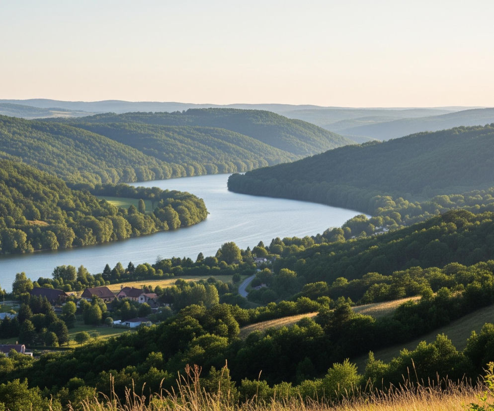 Poniżej widoczna jest panoramiczna, szeroka sceneria krajobrazu. Na pierwszym planie, w dolnej części obrazu, znajduje się połać suchej trawy o złocistym odcieniu, delikatnie oświetlona promieniami słońca. Dalej rozciąga się zielony, pagórkowaty teren, gęsto pokryty drzewami, które tworzą faliste pasma lasów.

Centralnym elementem kompozycji jest błękitna rzeka, wijąca się między zalesionymi wzgórzami, w kształcie litery „S”, biegnąca od środka obrazu w głąb perspektywy. Wzdłuż jej brzegów, po lewej stronie, widoczne są pojedyncze zabudowania, tworzące niewielką osadę. Domostwa mają pomarańczowo-brązowe dachy i otoczone są zielonymi polami oraz drzewami.

Horyzont wypełniony jest kolejnymi rzędami zalesionych wzgórz, które stopniowo zanikają w oddali, stając się coraz jaśniejsze i bledsze, aż do przejścia w jasne, niemal białe niebo. Niebo nad całością jest bezchmurne i jednolicie jasne, przyjmując delikatny, perłowy odcień. Cała scena jest skąpana w ciepłym, miękkim świetle, co sugeruje wczesny ranek lub późne popołudnie.