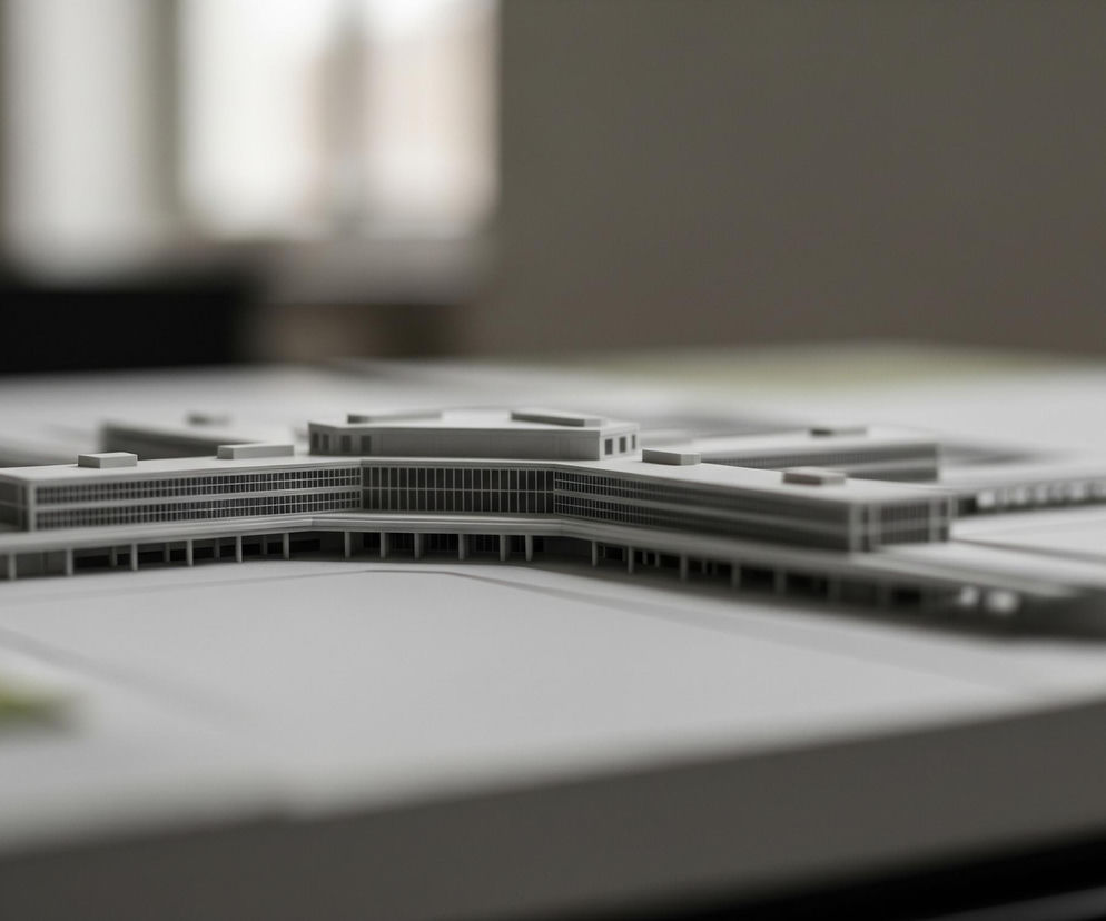 Centralnym elementem obrazu jest szary model architektoniczny złożonego budynku, osadzony na jasnej, płaskiej powierzchni. Model posiada liczne okna i filary, tworzące regularny wzór, oraz kilka sekcji dachu. W lewym dolnym rogu modelu widoczny jest kawałek jasnozielonego elementu, sugerującego teren zielony. Tło, rozmyte i nieostre, ukazuje niewyraźne kształty okien lub innych źródeł światła.