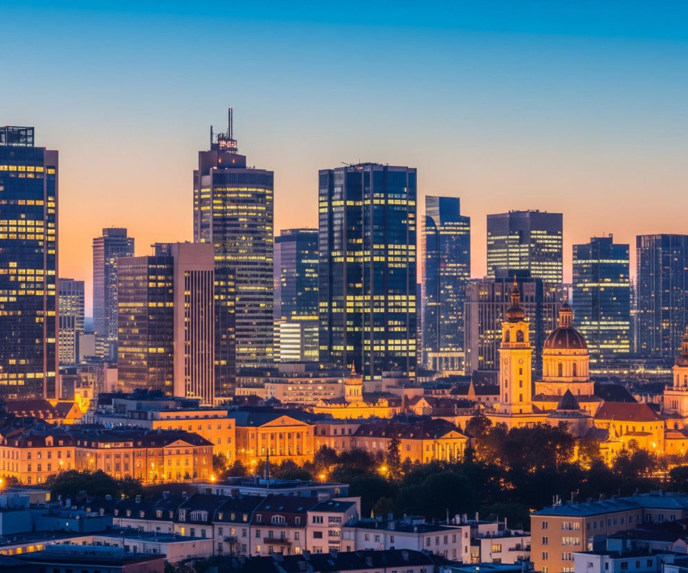 Panoramatyczny widok miasta o zmierzchu, gdzie horyzont zajmuje wiele wysokich budynków biurowych ze świecącymi żółtymi światłami w oknach. W tle, niebo przechodzi od błękitu na górze do pomarańczowo-różowego odcienia tuż nad linią wieżowców, tworząc gradient zachodzącego słońca. Na pierwszym planie i w środkowej części, widać niższe budynki, z których wiele ma również zapalone światła, oraz zielone korony drzew, niektóre z nich podświetlone od dołu.