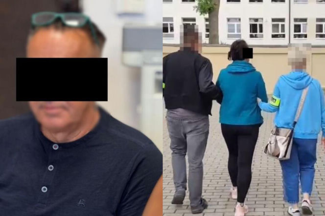 Mężczyzna z zakrytą twarzą. Obok kobieta prowadzona przez policję. O handlu ludźmi przeczytasz na Eska Lublin.